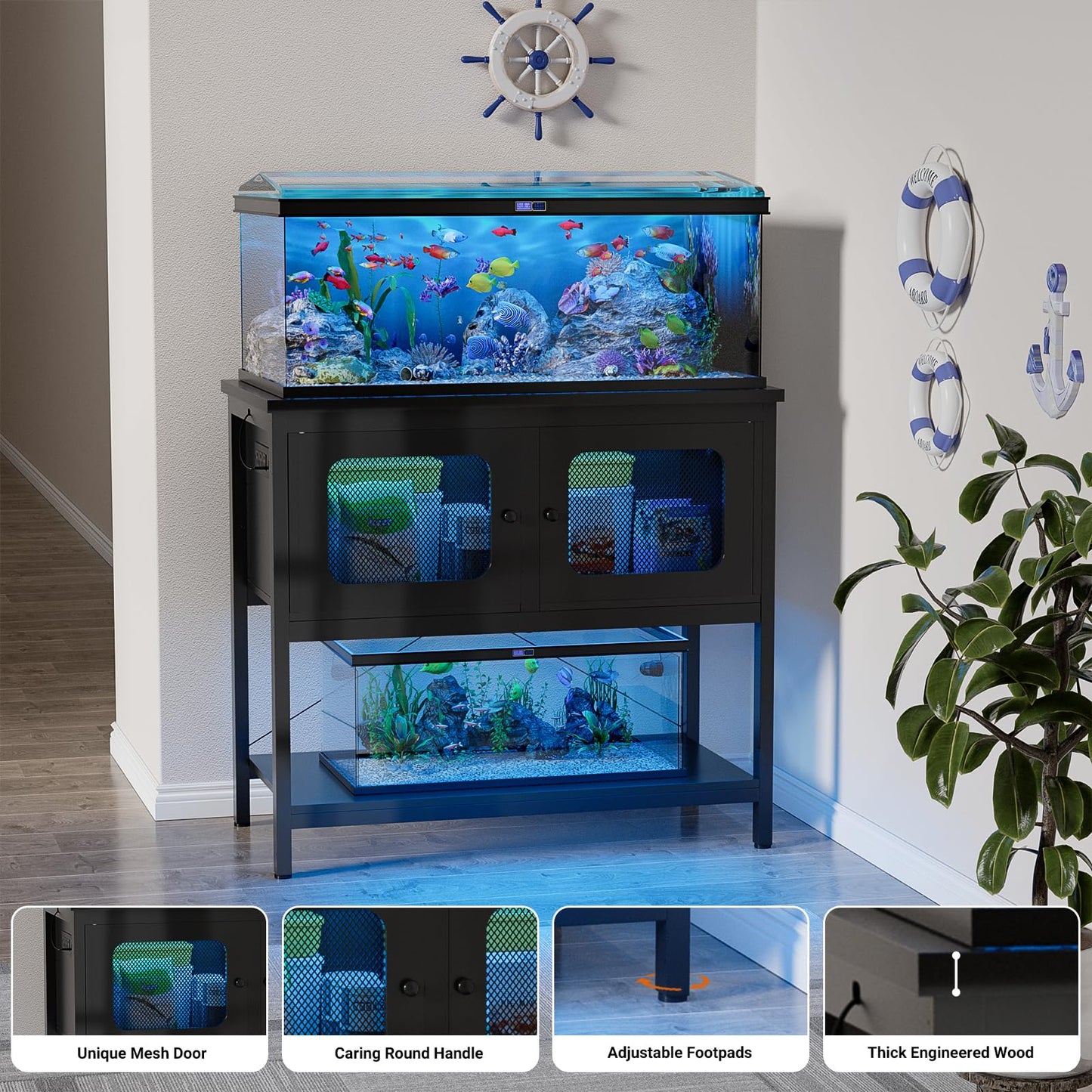 Hyomdeck 40 Gallon Fish Tank Stand with Magic Power Outlets and Smart LED Lights, Aquarium Stand with Storage Cabinet, Reptile Tank Stand with Unique Grid Door Design, Heavy Duty Metal Frame, - WoodArtSupply