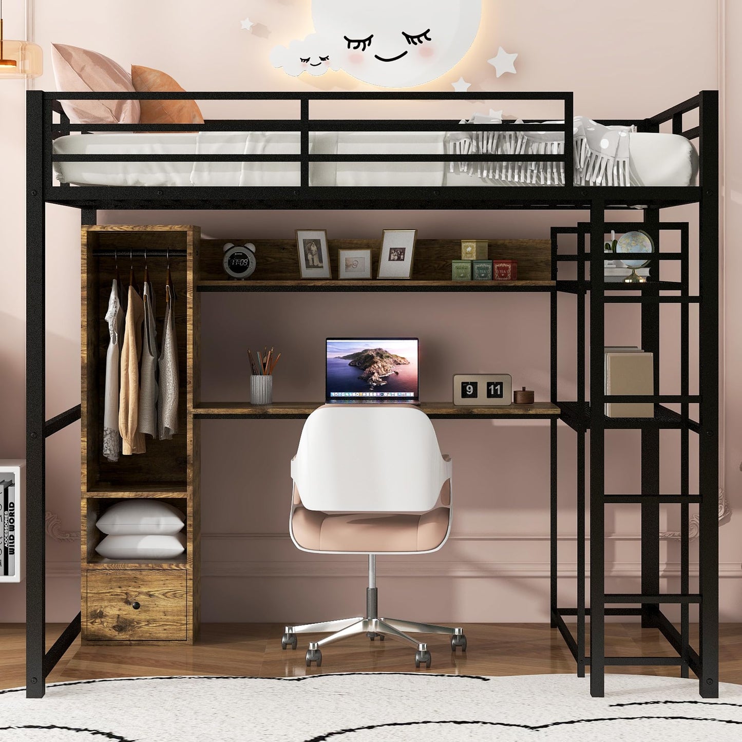 Metal Full Size Loft Bed with Desk,Heavy Duty Loft Bed with Wardrobe and Storage Shelves,Loft Bed Full Size with Drawers, Black Loft Bed for Kids,Teens,Adults