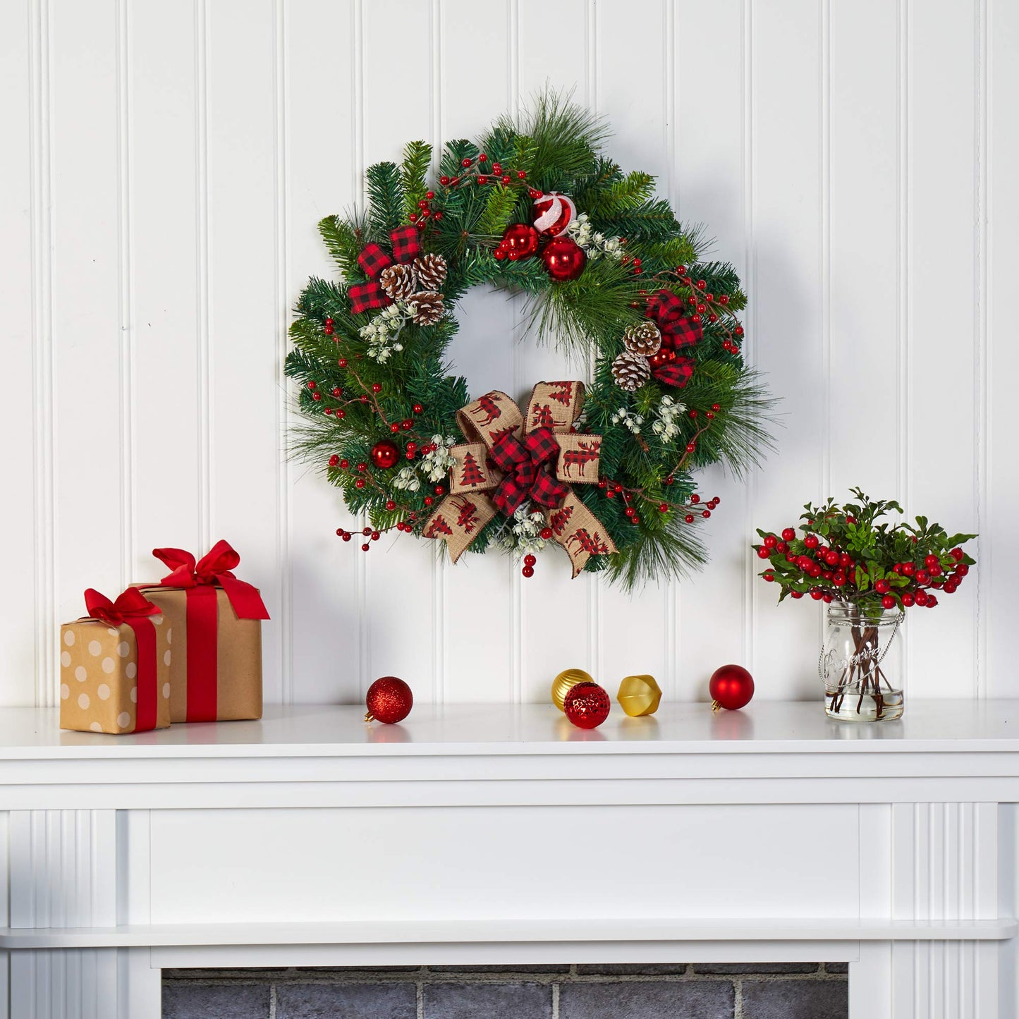 Nearly Natural 24in. Christmas Pine Artificial Wreath with Pine Cones and Ornaments