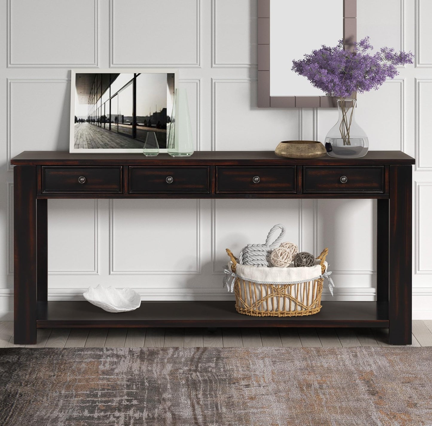 LKTART Solid Wood Console Table 63 in Sofa Table with Storage Drawers and Bottom Shelf Farmhouse Entryway Table for Hallway Foyer Sofa Couch Table