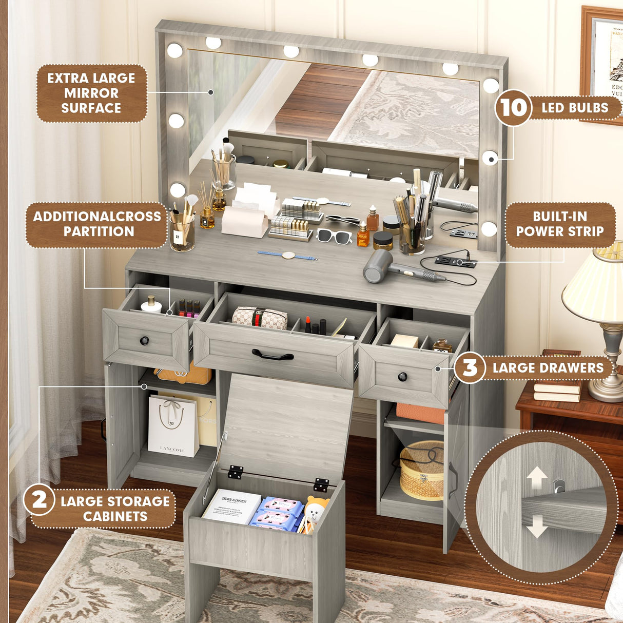 INTERGREAT 57" Makeup Vanity Desk with Large Mirror and 10 LED Lights,Farmhouse Vanity Table with Power Outlet & 5 Drawers,3 Lighting Color Adjustable,Dressing Table for Bedroom,Dressing Room,Grey INTERGREAT