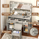 INTERGREAT 57" Makeup Vanity Desk with Large Mirror and 10 LED Lights,Farmhouse Vanity Table with Power Outlet & 5 Drawers,3 Lighting Color Adjustable,Dressing Table for Bedroom,Dressing Room,Grey INTERGREAT