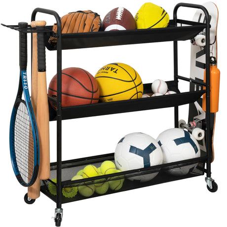 STORAGE MANIAC Basketball Rack 3-Shelf Training Stand Ball Holder Sports Ball Cart Garage Organizer Ball Basket Storage, Ball Rack for Garage or Gym, Indoor & Outdoor Sports Equipment Organizer STORAGE MANIAC