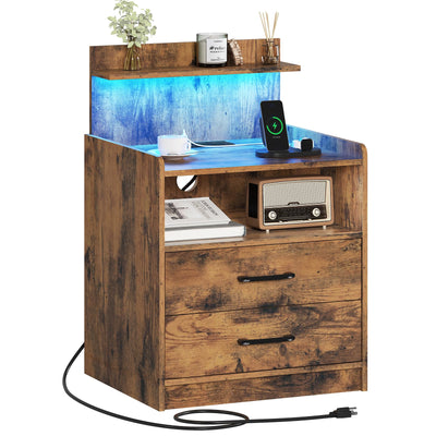 Night Stand, Nightstand with Charging Station, LED Bedside Table with Drawers and Storage Shelf, Modern Wood End Table Side Table for Bedroom, Rustic Brown