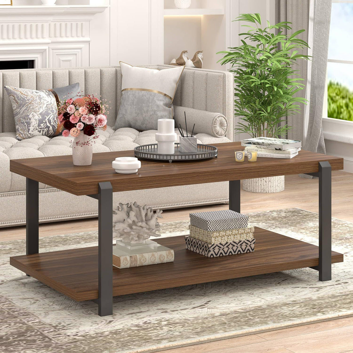 FOLUBAN Modern Coffee Table with Storage Shelf, Rustic Wood Center Table for Living Room, Walnut FOLUBAN