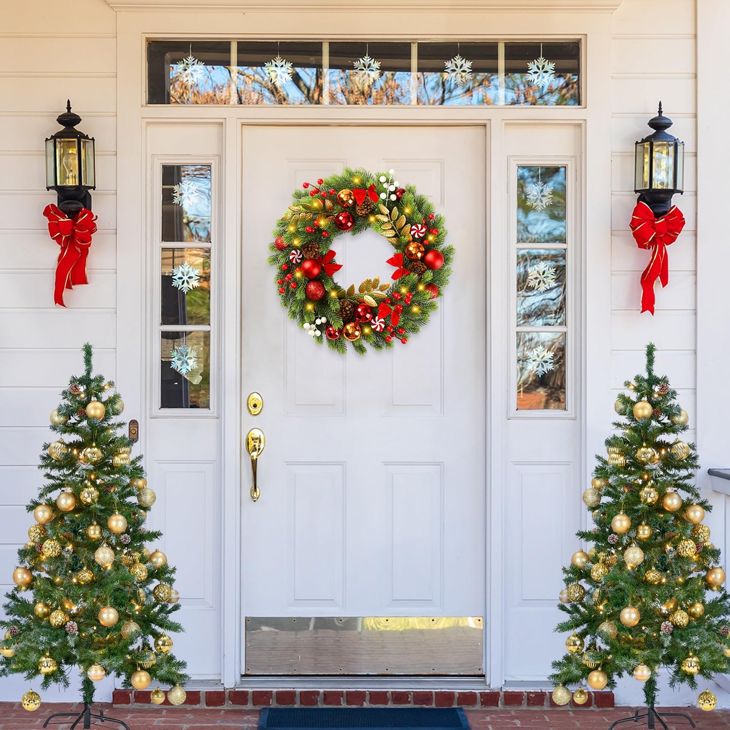 Sggvecsy 17 Inch Artificial Christmas Wreath for Front Door with 20 LED Lights Pine Needles Christmas Balls Red White Berries Pine Cones Bows Decoration for Winter Wall Outdoor Home Holiday Xmas Decor