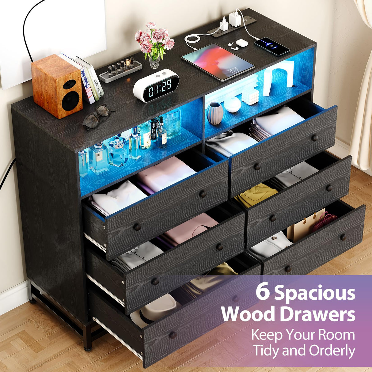 Black Dresser for Bedroom, Wooden Modern 6 Drawers Wide Dresser with Charging Station and Led Lights Design, Large Capacity Storage Chest of Drawers Garveehome
