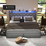 King Size Bed Frame with LED Lights and Charging Station, Upholstered Platform Bed with Storage Headboard and 4 Drawers, Metal Slat Support, Noise-Free, No Box Spring Needed, Easy Assembly, Gray UINTAI