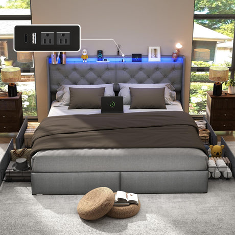 King Size Bed Frame with LED Lights and Charging Station, Upholstered Platform Bed with Storage Headboard and 4 Drawers, Metal Slat Support, Noise-Free, No Box Spring Needed, Easy Assembly, Gray UINTAI