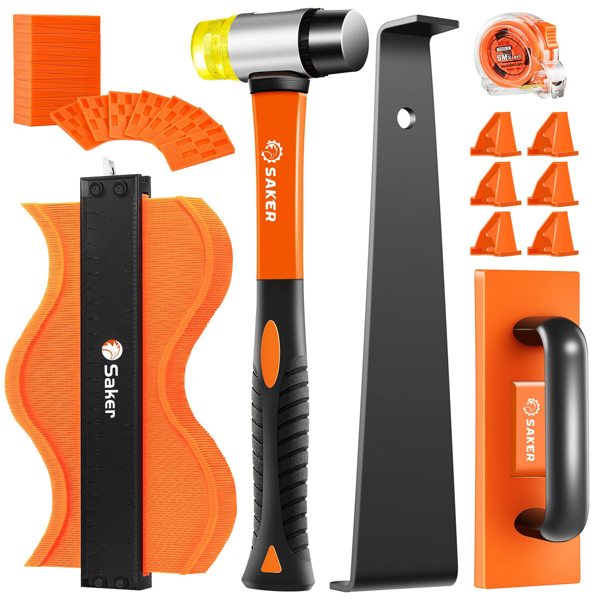 Saker Laminate Flooring Tools, 65-Piece Wood Flooring Installation Kit with 60 Flooring Spacers,Tapping Block with Handle, Pull Bar, 10”Contour Gauge, Rubber Mallet, Tape Measure Saker