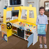 Construction Truck Wooden Playset w 60+ Toy Pieces- Pretend Hammer Saw Bolts & Screws- Spinning Turn Saw, Steering Wheel & Wood to Saw Apart, Dual Sided Play Stand, Workbench Building for Kids Gift Svan