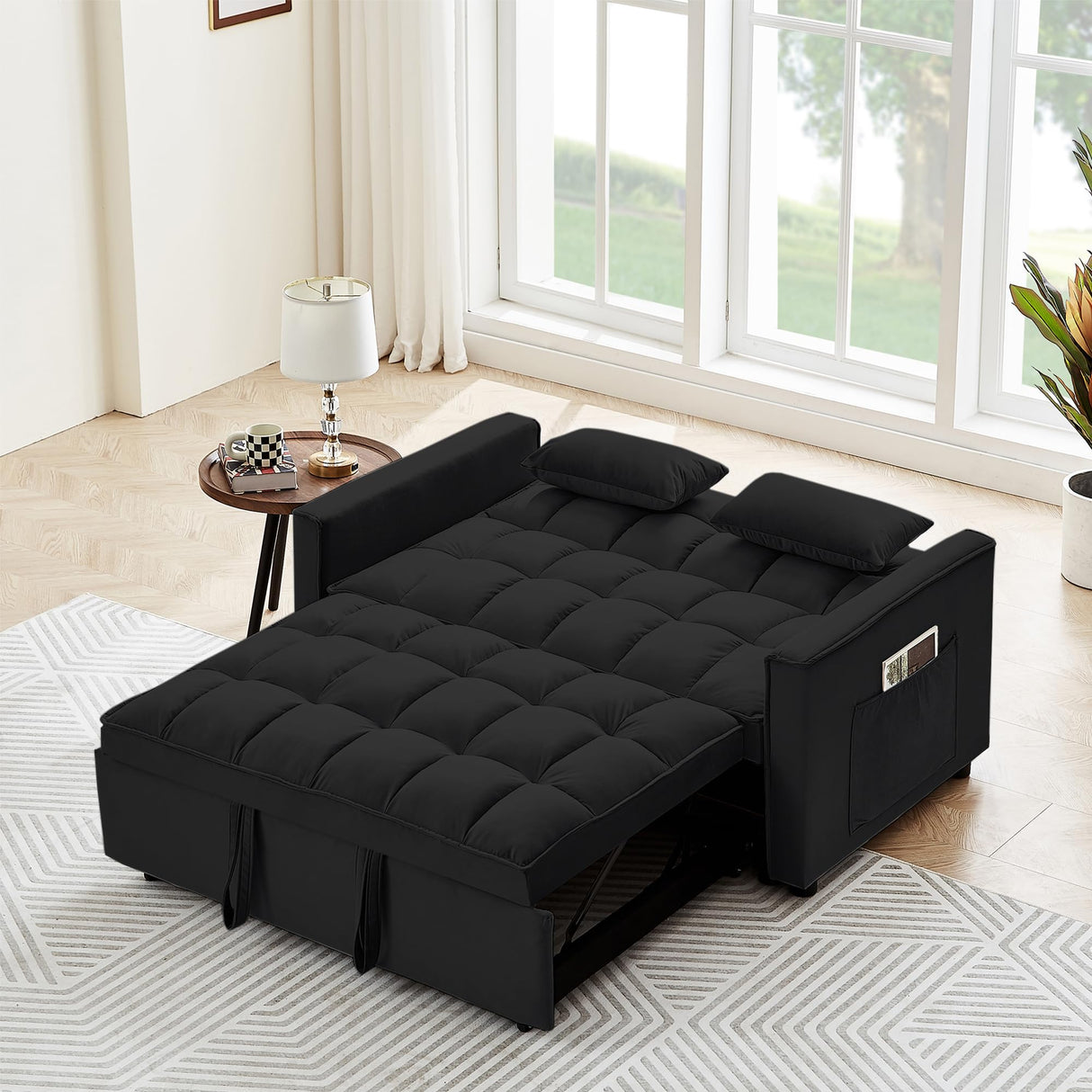 Suheww Sofa Bed, 3 in 1 Black Loveseat Sleeper Sofa for Living Room, 2 Seater Pull Out Sofa Cama Small Couch Bed Futon Lounge Sofa for Bedroom Small Spaces Living Room Suheww