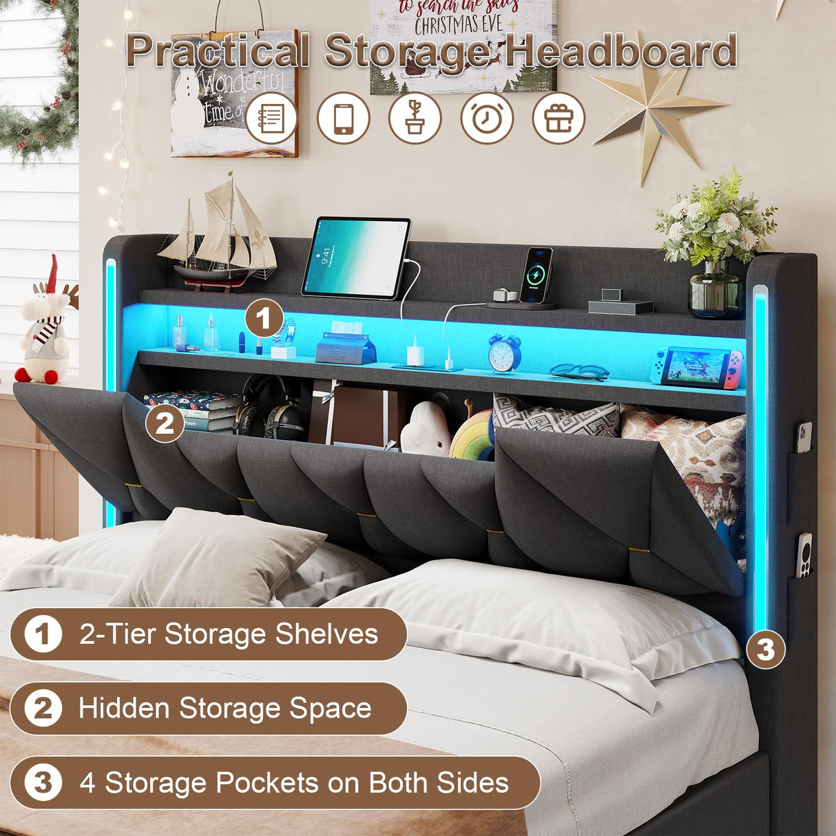 busyaeh Dark Gray Floating Bed Frame Queen with Hidden Storage, Charging Station & LED Lights busyaeh