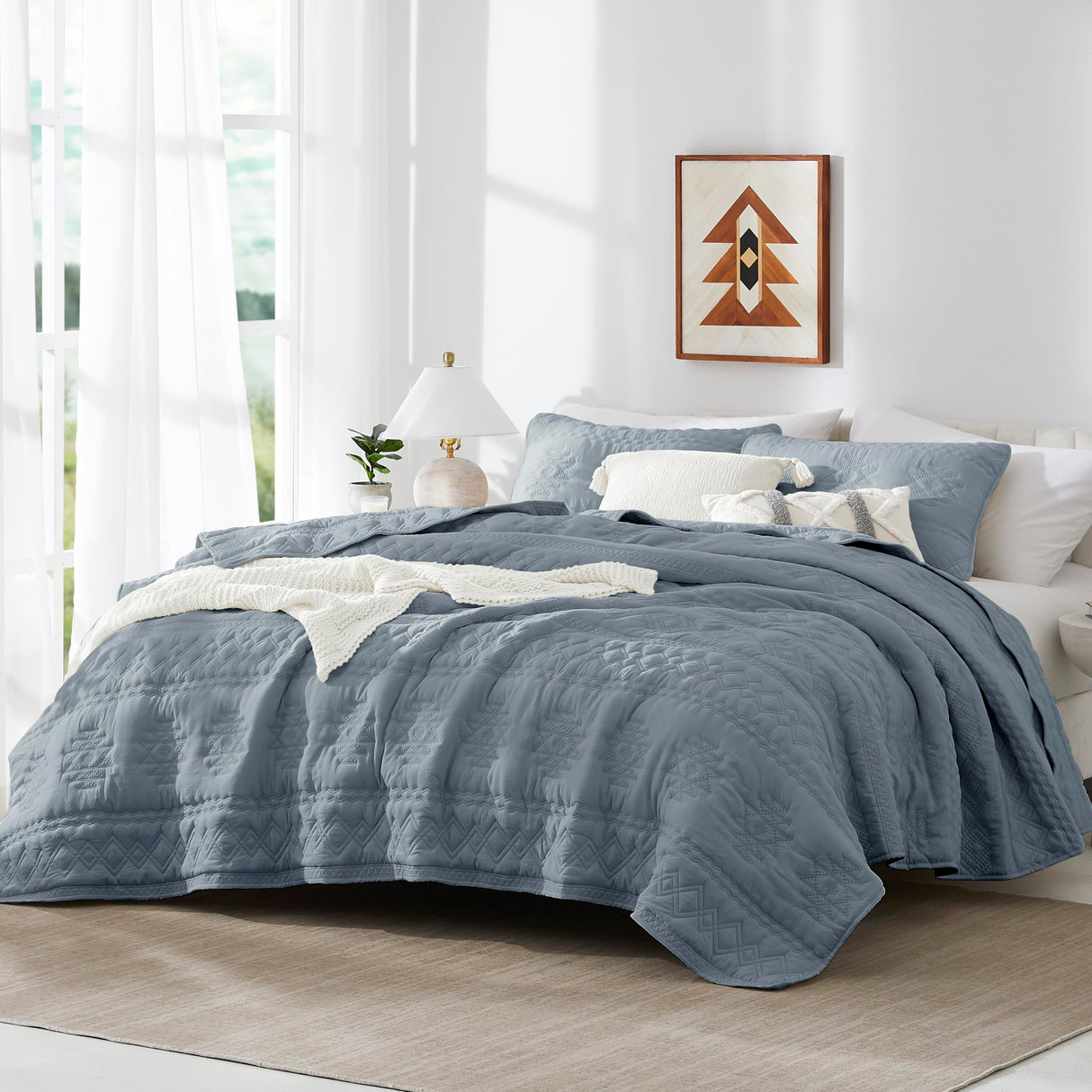 WDCOZY Boho Blue Grey Quilt King Size Bedding Sets with 2 Pillow Shams, Farmhouse Lightweight Soft Bedspread Coverlet for All Season, 3 Pieces, 104x90 inches WDCOZY