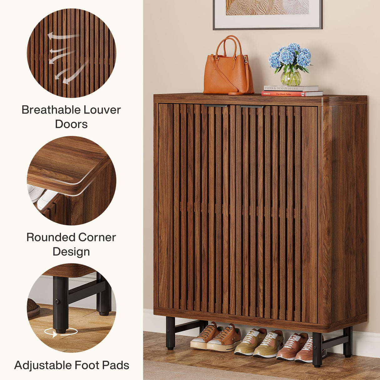 Tribesigns Shoe Cabinet with Shutter Doors, 6-Tier Entryway Shoe Cabinet with Adjustable Shelves, Wooden Modern Rack Organizer for Entryway, Hallway, Closet, Living Room, Walnut Tribesigns