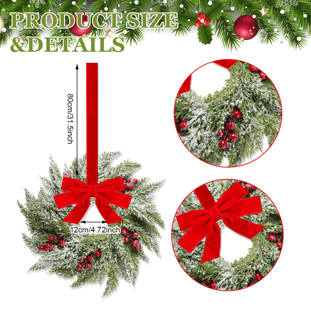 Barydat 18 Pcs Christmas Wreath Decorations Christmas Kitchen Cabinet Wreaths with Red Ribbon Mini Wreaths Farmhouse Decoration Artificial Hanging Garlands for Christmas Front Door Window Chair Wall Barydat