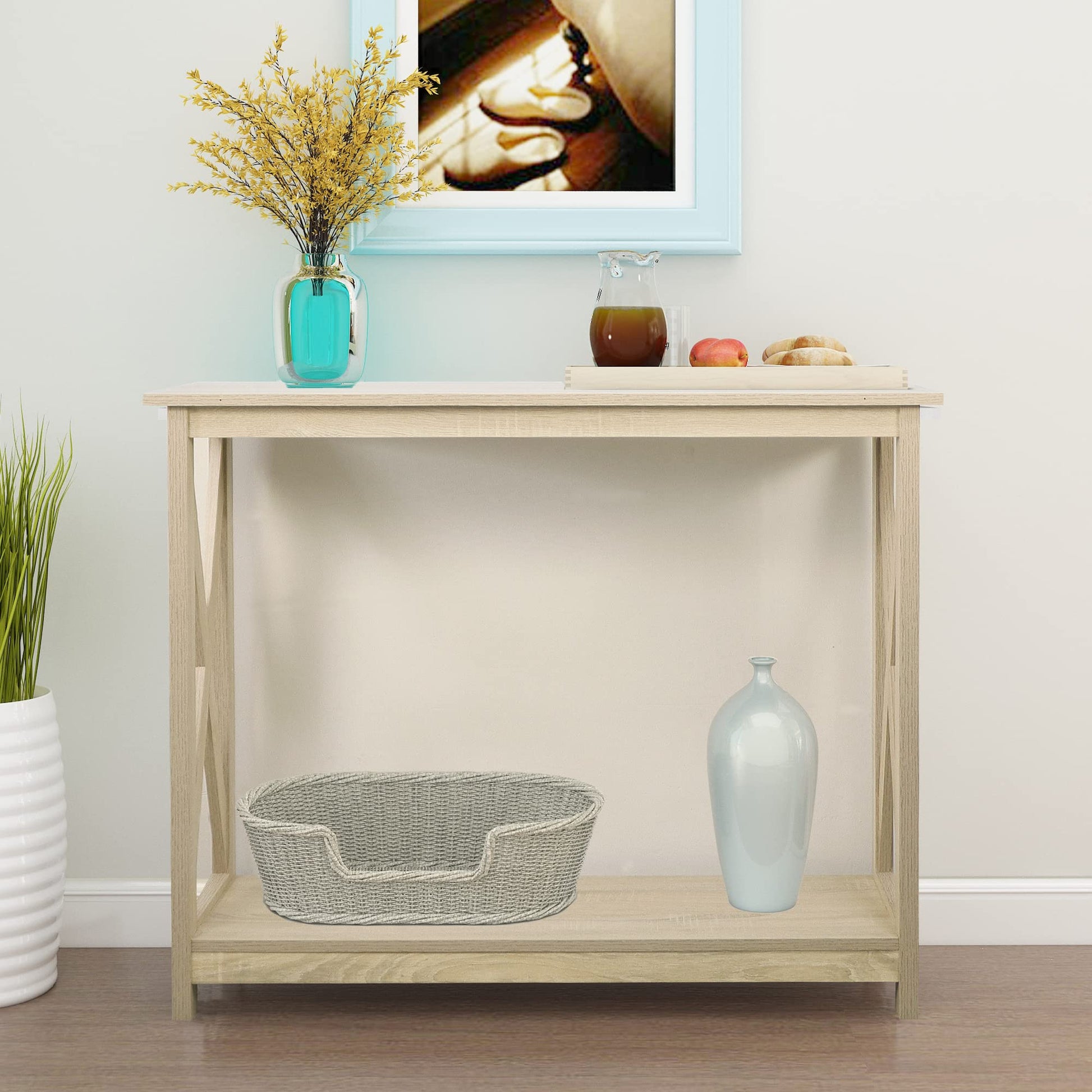 Rainbow Sophia Console Table, Modern Farmhouse Wood Entryway / Sofa Table with 2-Tier Storage, 39 Inch, White Oak - WoodArtSupply