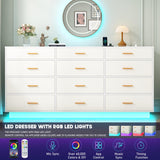 chartustriable 12 Drawers Dresser w/Power Outlet,60000-Colors Lights for Bedroom,63" Long Wooden Dresser Chest W/Anti-toppling Design,Metal Handles of Drawers for Living Room,Hallway, Entryway(White) chartustriable