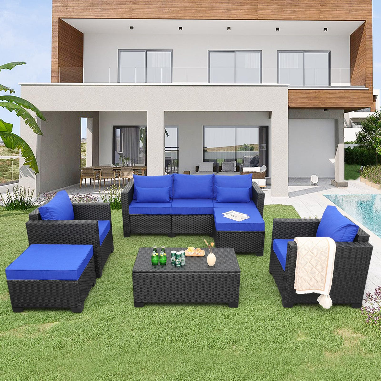 6 Pieces Patio Wicker Furniture Set Outdoor PE Rattan Conversation Couch Sectional Chair Sofa Set with Royal Blue Cushions Rattaner