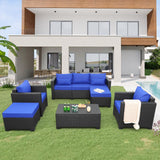 6 Pieces Patio Wicker Furniture Set Outdoor PE Rattan Conversation Couch Sectional Chair Sofa Set with Royal Blue Cushions Rattaner