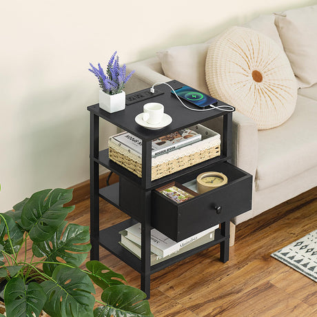 Lerliuo Nightstand with Charging Station and USB Ports, 3-Tier Storage End Table with Drawer Shelf, Night Stand for Small Spaces, Wood Bed Side Table for Living Room, Bedroom - Classic Black Lerliuo