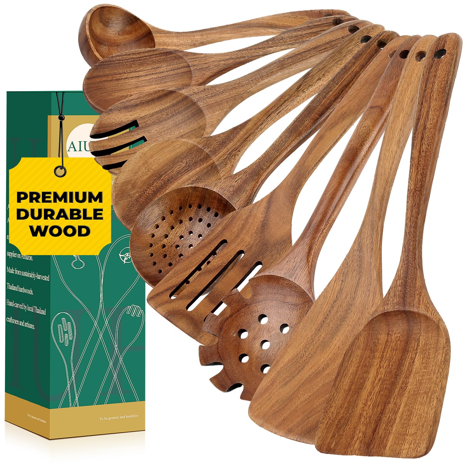 AIUHI Teak Wood Kitchen Utensil Set, 9-Piece Wooden Spoons for Cooking, Wooden Spoons Spatula for Cooking-Non-stick, Durable & Heat Resistant - WoodArtSupply