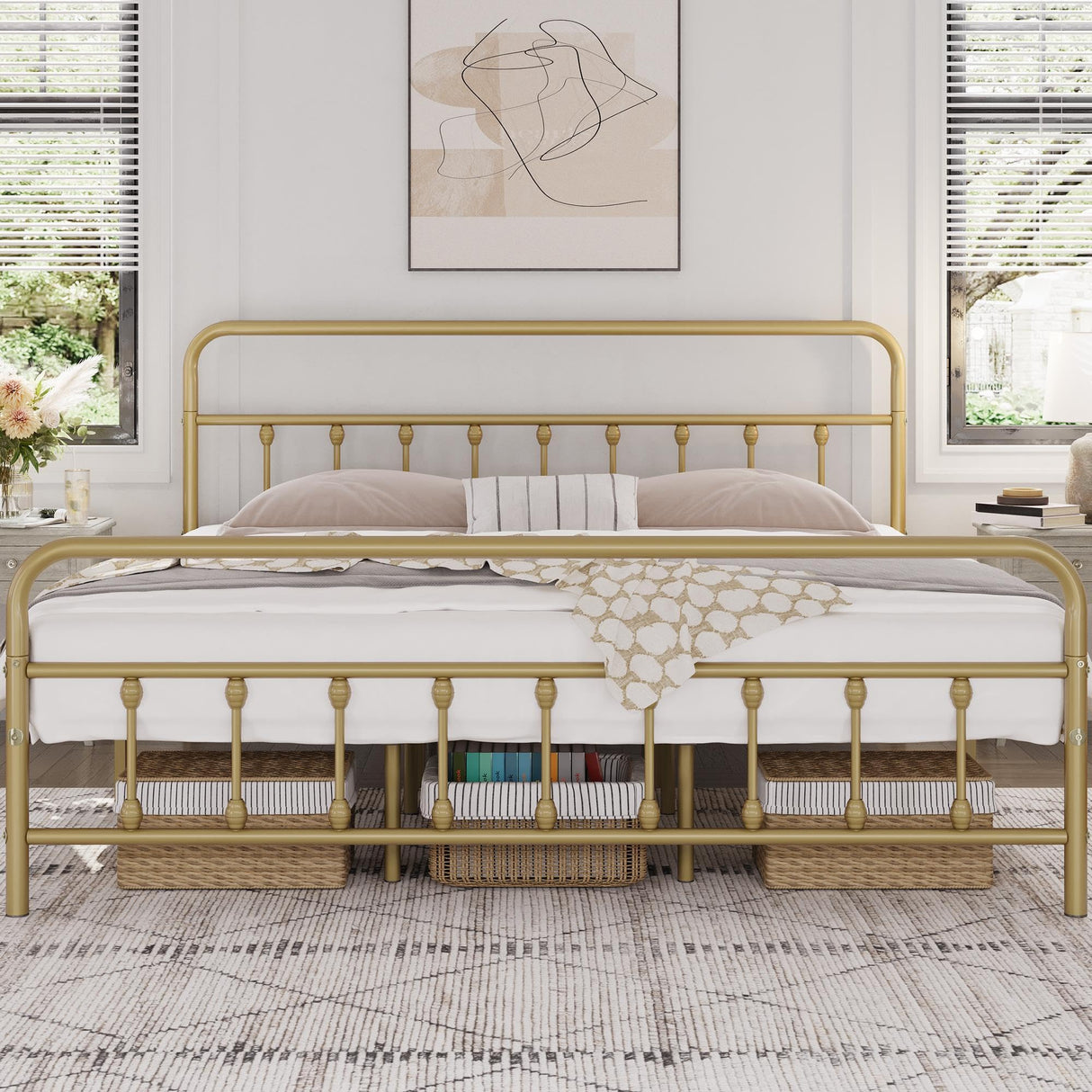Yaheetech Classic Metal Platform Bed Frame Mattress Foundation with Victorian Style Iron-Art Headboard/Footboard/Under Bed Storage/No Box Spring Needed/King Size Antique Gold Yaheetech