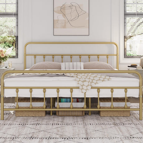 Yaheetech Classic Metal Platform Bed Frame Mattress Foundation with Victorian Style Iron-Art Headboard/Footboard/Under Bed Storage/No Box Spring Needed/King Size Antique Gold Yaheetech