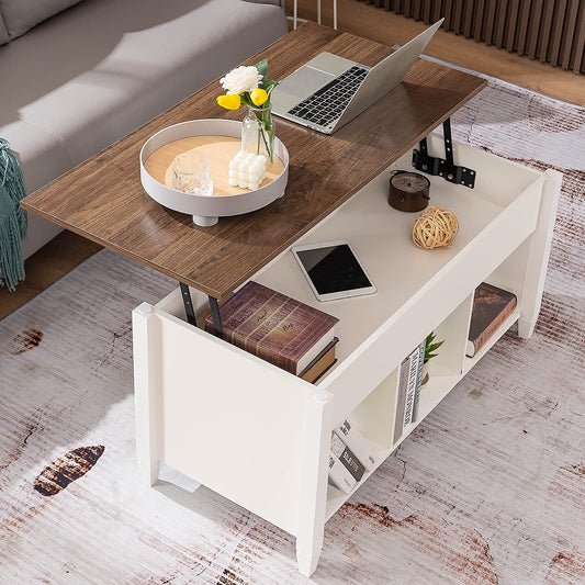 VINGLI Lift Top Coffee Table, White, with Storage Shelf/Hidden Compartment, Gas Lift Mesa De Centro para Sala Pop Up Coffee Table - WoodArtSupply