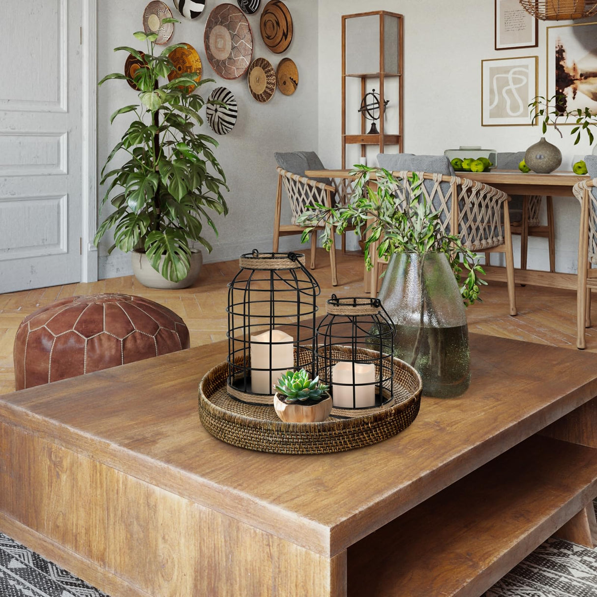 Lumeavetra Rustic Farmhouse Decorative Lantern Set of 2, Boho Lanterns with LED Candles, Modern Farmhouse Indoor Outdoor Decor for Living Room Patio Porch Fireplace Kitchen Dining Table Centerpiece Lumeavetra