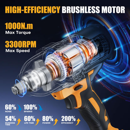 Takuoo Cordless 1/2 inch Brushless Impact Wrench, Max Torque (1000N.m) 740Ft-lbs Electric Impact Gun w/2x 4000mAh Battery, Charger & 6 Sockets, Power Impact Driver for Car Home - WoodArtSupply