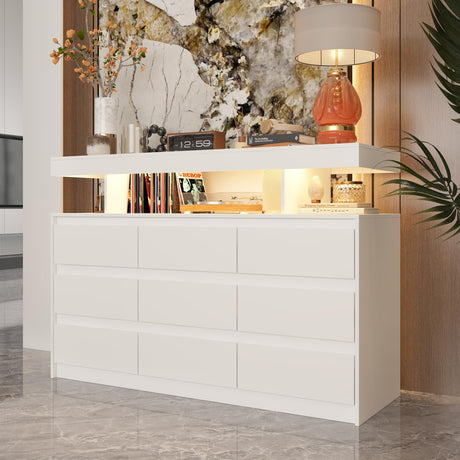 Homsee Dresser with 9 Handleless Drawers & LED Light, Chest of Drawers with Charging Station, Modern Wooden Double Dresser with Open Shelves for Bedroom Living Room, White Homsee
