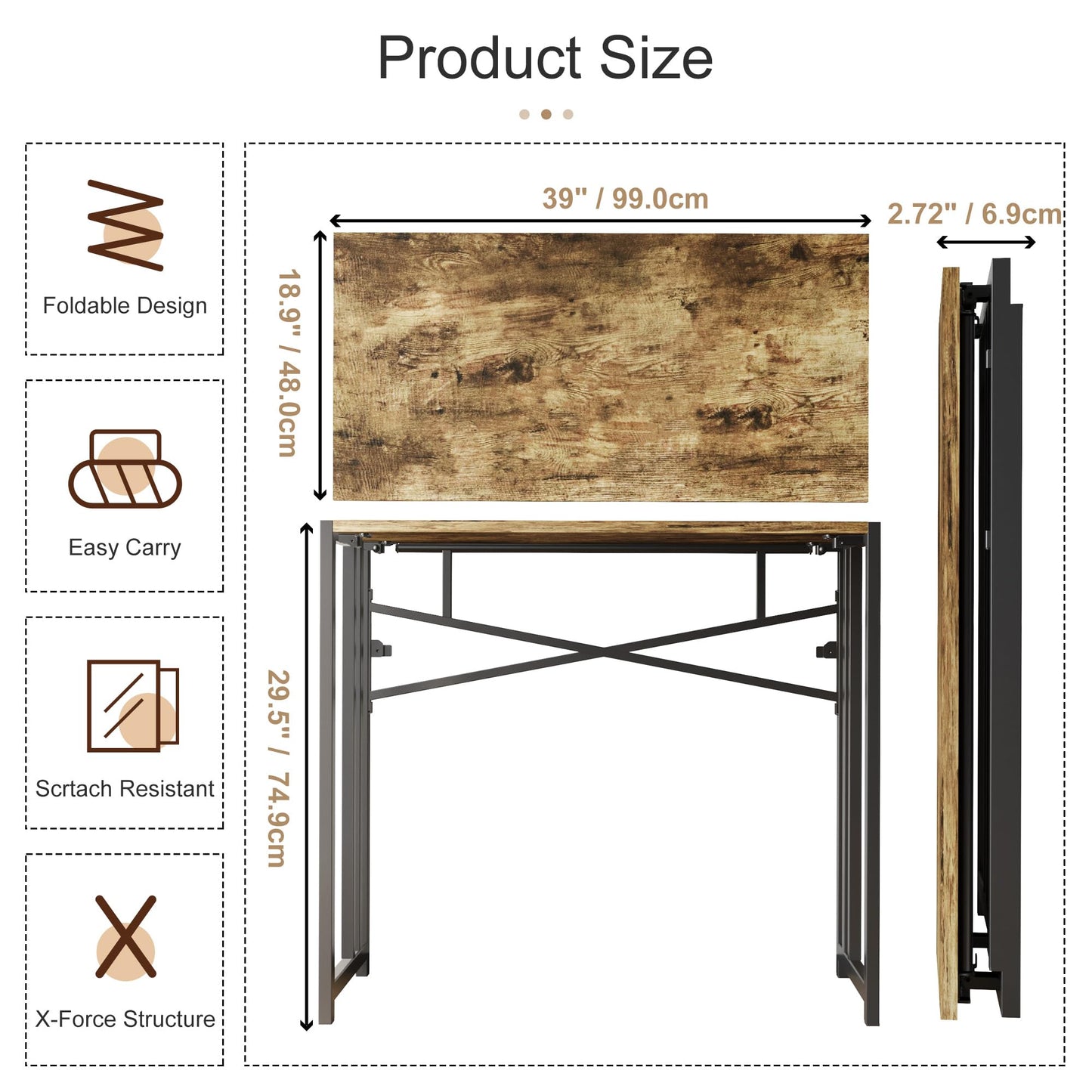 EMODA 40 inch Folding Desk No Assembly Needed Home Office Desk Study Writing Gaming Computer Table, Rustic Brown - WoodArtSupply