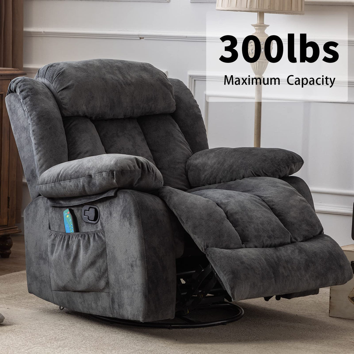 CANMOV Massage Swivel Rocker Recliner Chair with Heat and Vibration,360 Degree Manual Swivel Rocking Recliners with Side Pocket, Comfy Fabric Single Sofa Reclining Chair for Living Room, Grey CANMOV