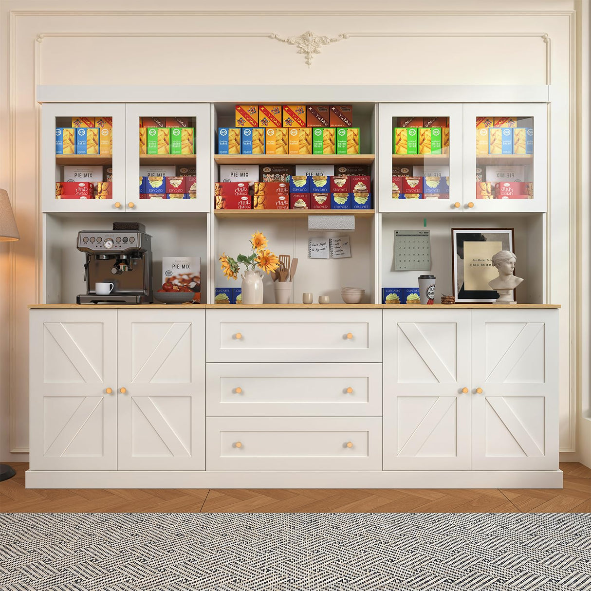 71" Farmhouse Kitchen Pantry Cabinet Set of 3, White Freestanding Coffee Bar Hutch with Glass Doors, Drawers & Adjustable Shelves, Large Storage Cabinet with Microwave Stand for Living Room & Kitchen Vyre