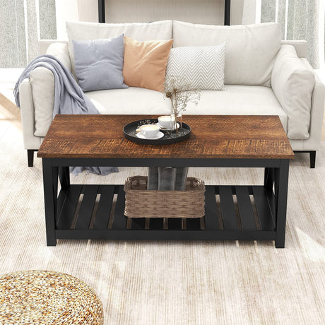 ChooChoo Black Coffee Table, Rustic Vintage Table with Shelf for Living Room, 40 Inch ChooChoo