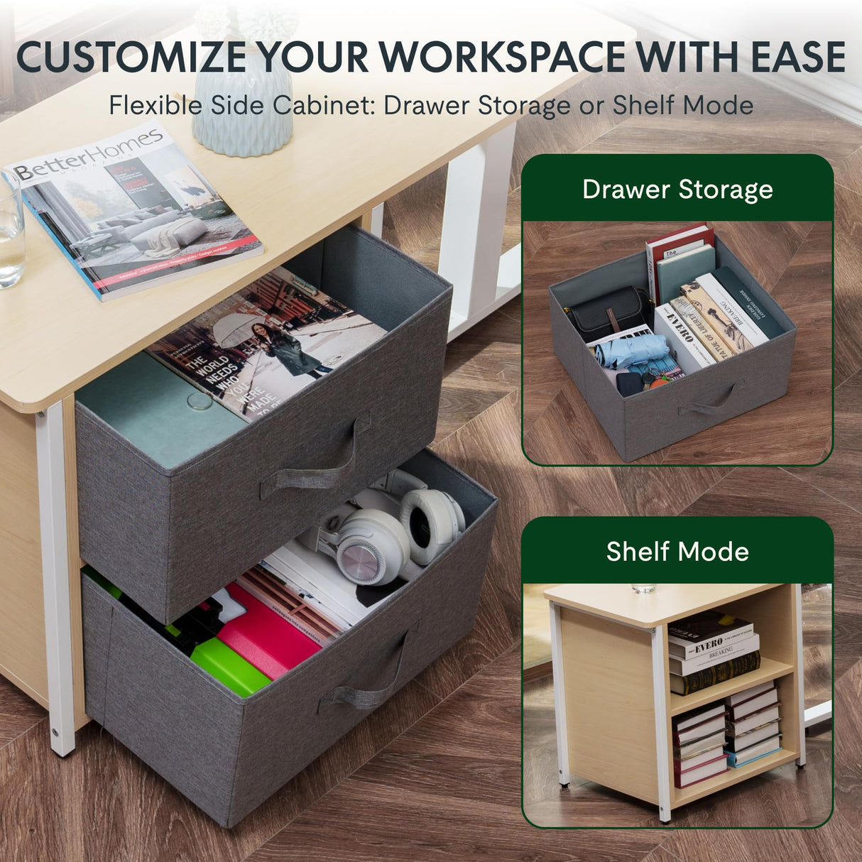 FLEXISPOT 63'' L Shaped Standing Desk with Drawers, Adjustable Height Desk with Shelves, Large Corner Stand Up Desk with Headphone Hooks for Home Office, Light Wood Grain Top+ White Frame FLEXISPOT
