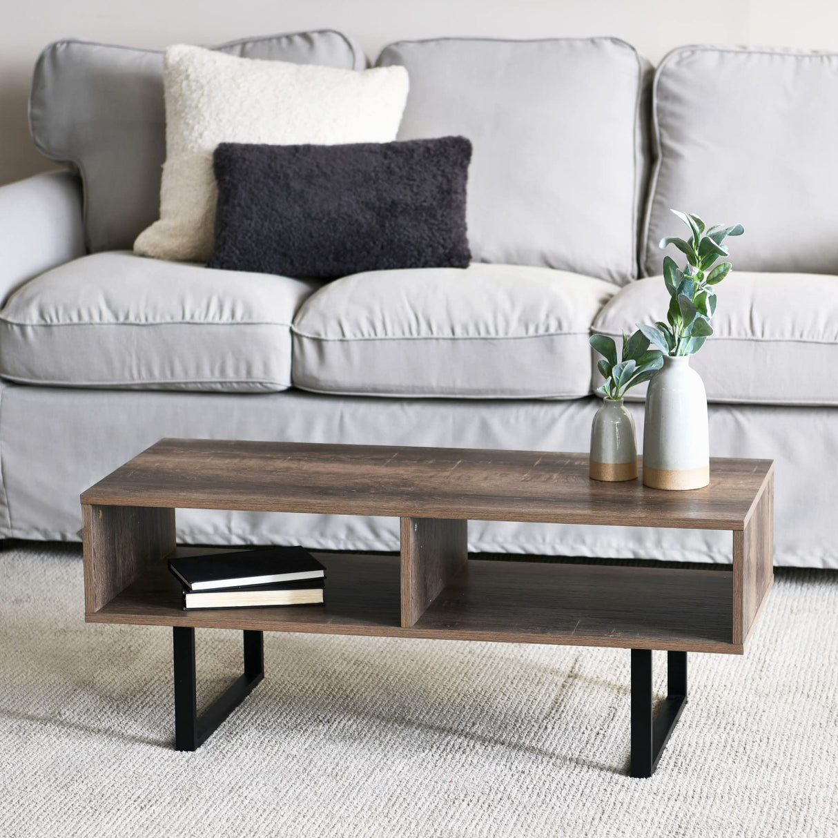 Household Essentials Jamestown TV Stand Coffee Table with Rectangular Storage Compartments Ashwood Rustic Wood Grain and Black Metal Household Essentials