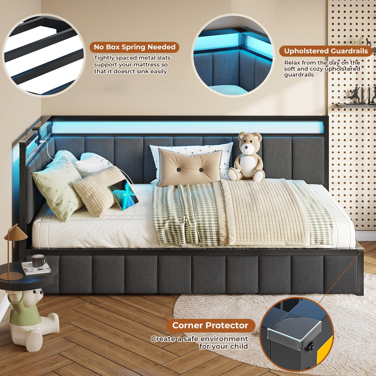 DICTAC Twin Size Bed Frame with 2 Storage Drawers & Charging Station twin Platform Corner Bed Frame with Led Lights Twin Daybed With Upholstered Guardrail for Living Room, Bedroom and Guest Room, Gray DICTAC