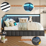 DICTAC Twin Size Bed Frame with 2 Storage Drawers & Charging Station twin Platform Corner Bed Frame with Led Lights Twin Daybed With Upholstered Guardrail for Living Room, Bedroom and Guest Room, Gray DICTAC