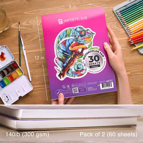 ARTISTIC EYE 9x12” Premium Watercolor Pads, Pack of 2 (60 Sheets), Glue Bound, 140lb (300gsm), Acid-Free Paper, Perfect for Most Wet & Dry Media, Ideal for Beginners, Artists & Professionals ARTISTIC EYE
