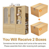 PAKASEPT 3 Doors Farmhouse Armoire Wardrobe Closet with Rattan,71'' Tall Freestanding Wooden Wardrobe Storage Cabinet for Bedroom with Hanging Rod,Vanity Mirror,Drawers,Clothes Hook,Shelves,Natural PAKASEPT