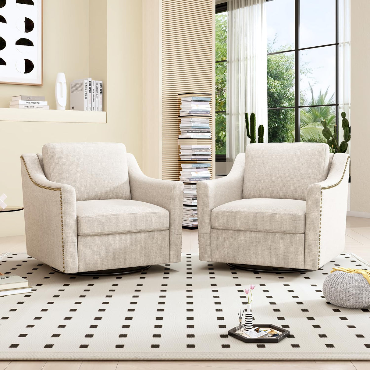 Wrofly Swivel Barrel Chair Set of 2, Oversized Swivel Accent Chair with Comfy Back Pillow, Modern Upholstered Reading Lounge Chairs for Living Room Bedroom Office Club, Beige Linen Wrofly