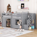 Bellemave Twin Size Low Loft Bed with Stairs, Storage Drawers, and Shelves in Gray for Kids Bellemave