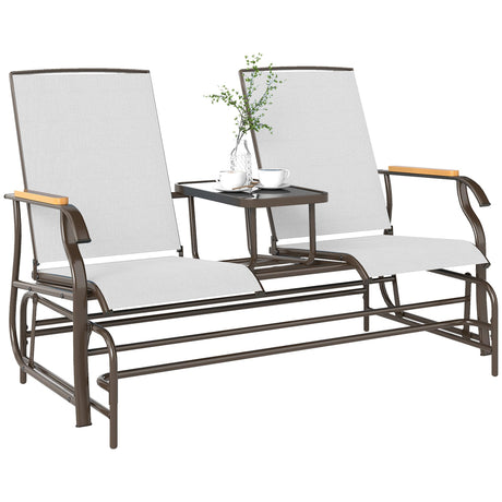 Outsunny 2 Person Outdoor Glider Bench, Patio Swing Glider Chair Loveseat with Breathable Mesh, Table, Steel Frame for Garden, Backyard, Porch, Cream White Outsunny