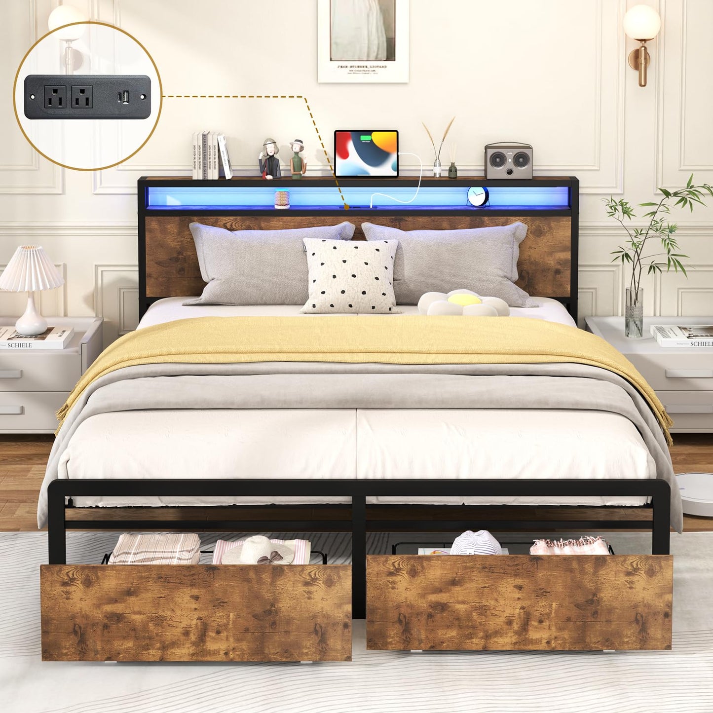 Kiivakii Rustic Brown Full Size Bed Frame with LED Storage Headboard and Dual Drawers - WoodArtSupply