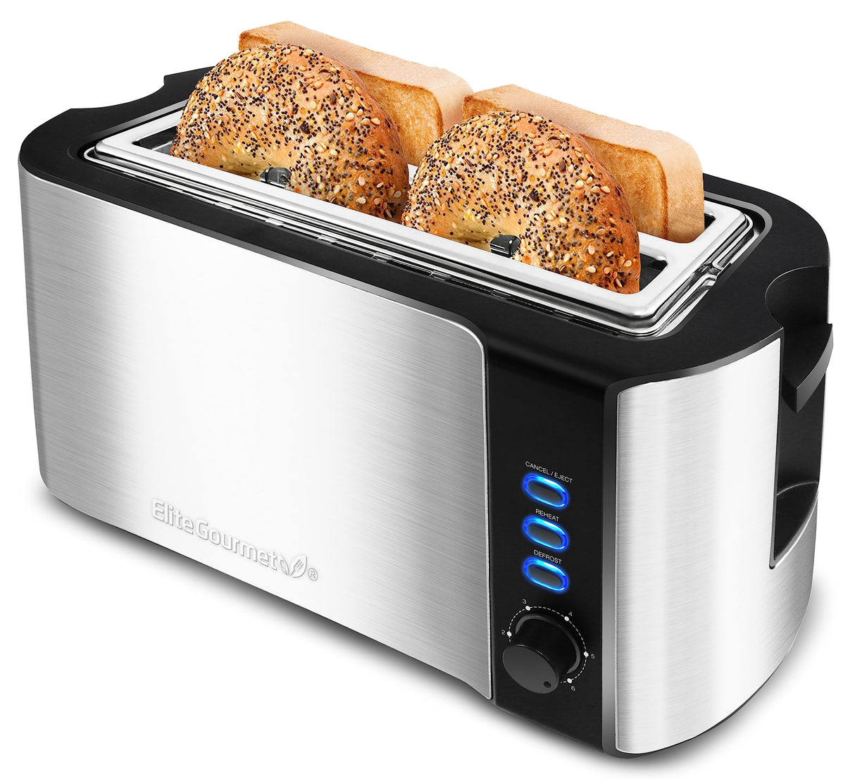 Elite Gourmet ECT-3100 Long Slot 4 Slice Toaster, Reheat, 6 Toast Settings, Defrost, Cancel Functions, Built-in Warming Rack, Extra Wide Slots for Bagels & Waffles, Stainless Steel & Black Elite Gourmet