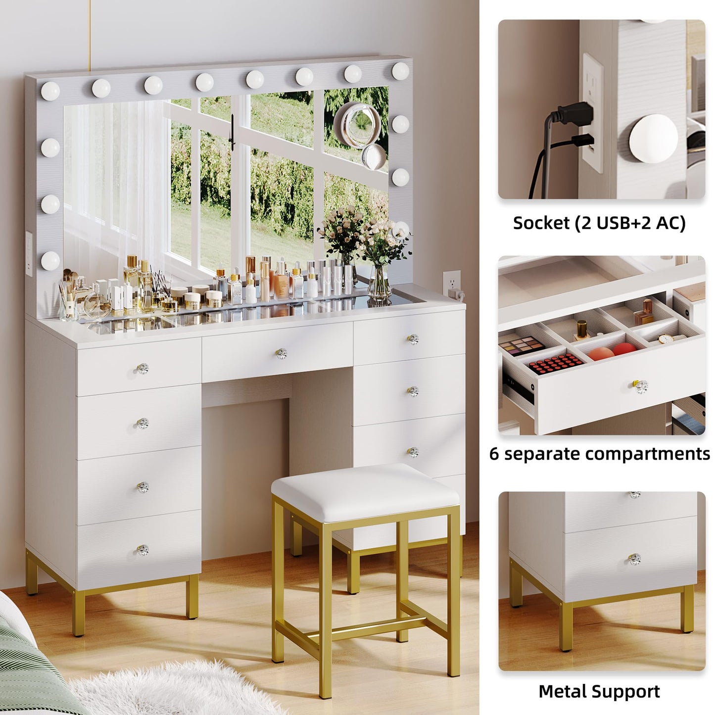 YITAHOME Vanity Desk Set with LED Lighted Mirror & Power Outlet, 14 Hollywood Bulbs Lighted 9 Drawers Makeup Vanities Dressing Table with Magnifying Glass Stool, White - WoodArtSupply