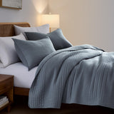 palassio Striped Blue Grey 100% Cotton Quilt King Size Bedding Sets, Lightweight Crinkly Channel Pick Stitch Textured Bedspread Soft Shabby Chic Farmhouse Country Coverlet for All Season, 2 Shams palassio
