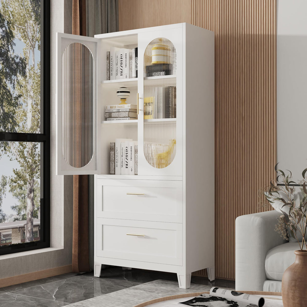 Nobilsteel 71”Storage Cabinet, Metal Accent Pantry Cabinet, Food Pantries Cabinets with Fluted Glass Doors, Storage Cupboard Kitchen, Dining Room, Nobilsteel